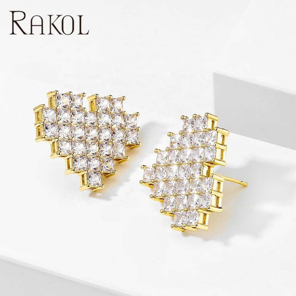 

RAKOL EP1120 2022 women cube zircon gold plated stud earrings heart party wedding bridal pierced earrings