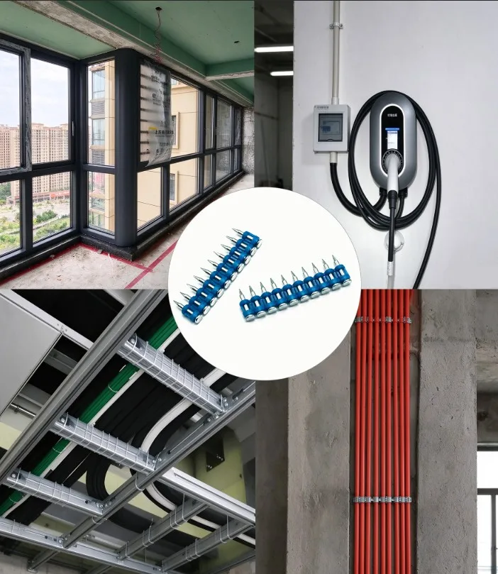 Rhinails collated gas drive pins installed in electrical conduit pipe clamps ceiling cable trays and EV charger conduits