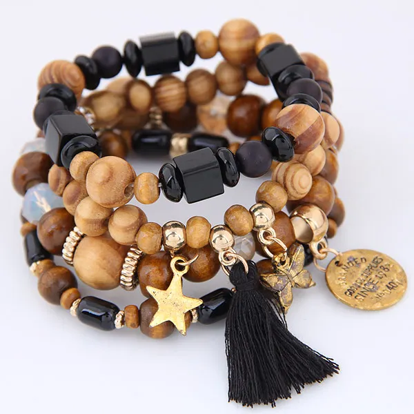 

Fashion Bohemian tassel beads bracelets set Women's Elastic beads bracelet Vintage wood beads bracelet set W110604312