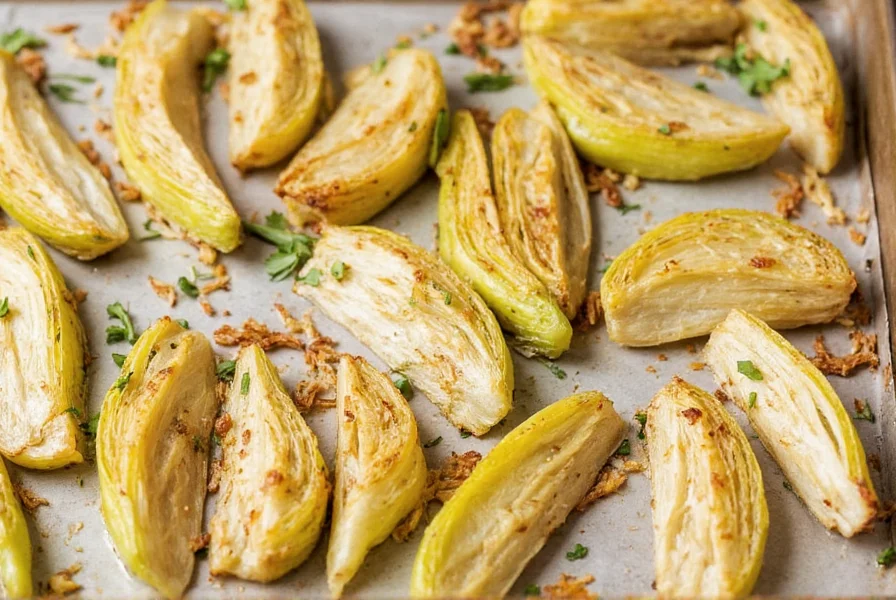 Perfectly caramelized roasted fennel wedges on a baking sheet with herbs