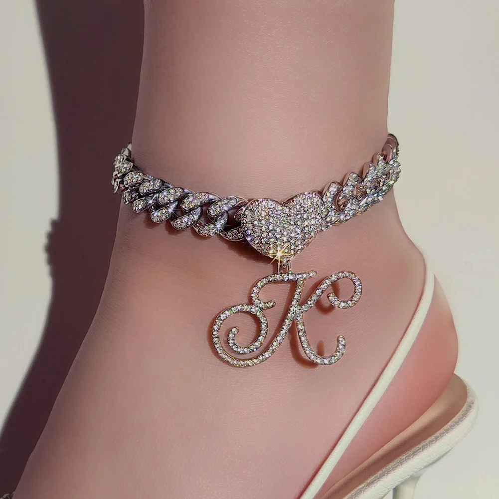 

Simple Fashion Bling Cut Diamond Cuban Chain Ankle Bracelet Iced Out Cubic Zirconia Crystal Cursive Initial Letter Anklets, Gold silver plated