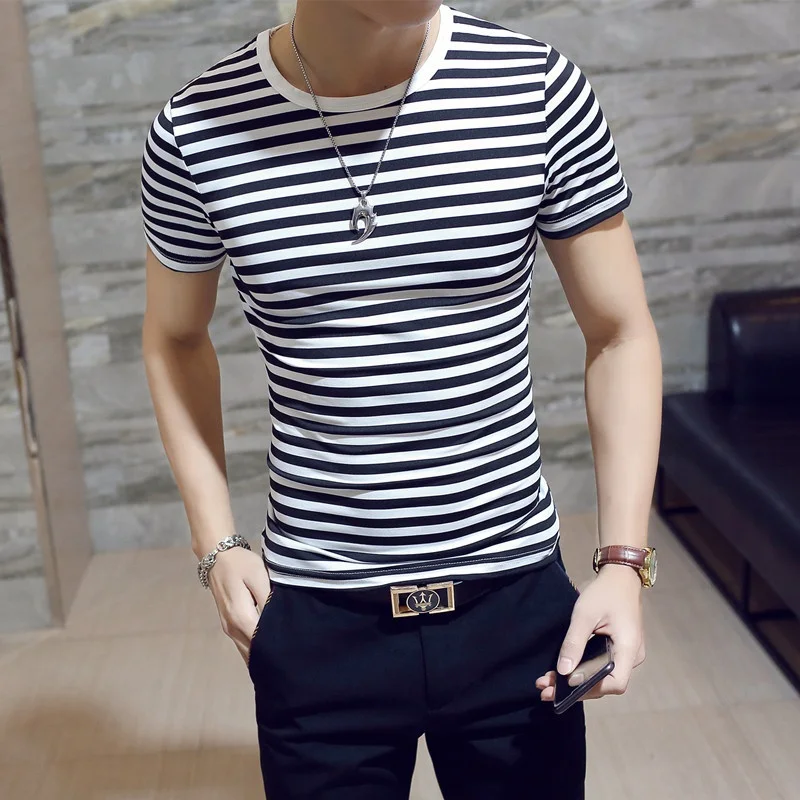 

Mens Skinny Short Sleeve Striped T-shirt Latest Free Sample Lower Price Cotton Spandex tshirts High Quality Street Wear tshirt