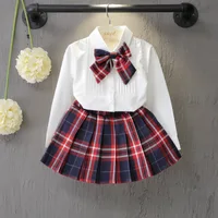 

Children Girl School Clothes White Bowtie Blouse and Red Blue Plaid Pleated Skirt 2 pcs Toddler Student Outfit Clothing Set