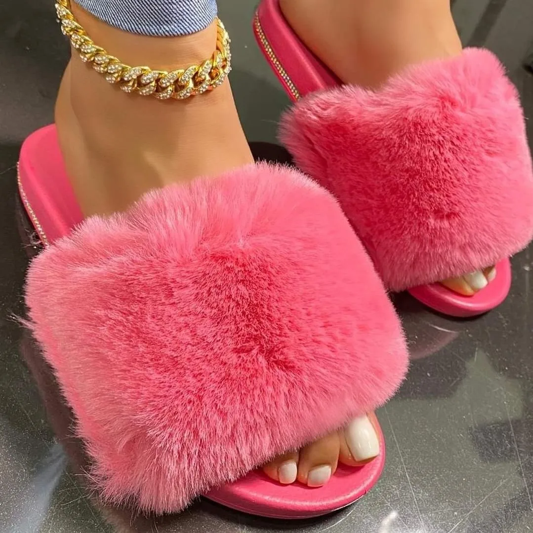 

Fashion Plush Fur Slides Slippers for Women Diamonds Ins Amazon Pink Sandals Fluffy Furry Outdoor Flat Slipper Sandal for Ladies