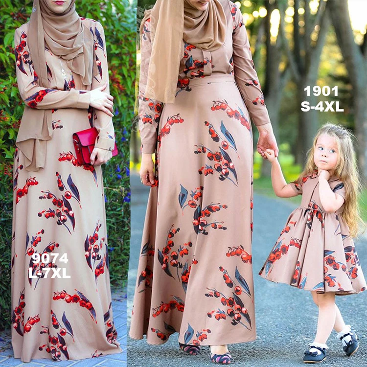 

Muslim Islamic Parent-child Outfit Arab Saudi Clothing Flower Cherry Printing Mother and Child Dress Chiffon Abaya, 1 color in stock also accept customized color