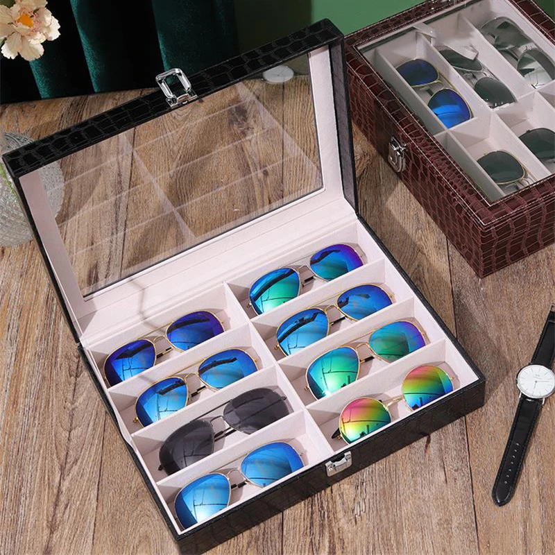 

New Black PU Leather 8 Grids Glasses Storage Display Case Sunglasses Storage Home Collection Box With Glass Window