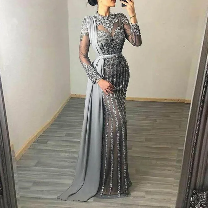 

Elegant Luxury Long Dresses Women Evening Gowns Elegant Sequins Maxi Formal Wedding Party Dress Mesh Perspective Vestidos Robe, As per picture or customized