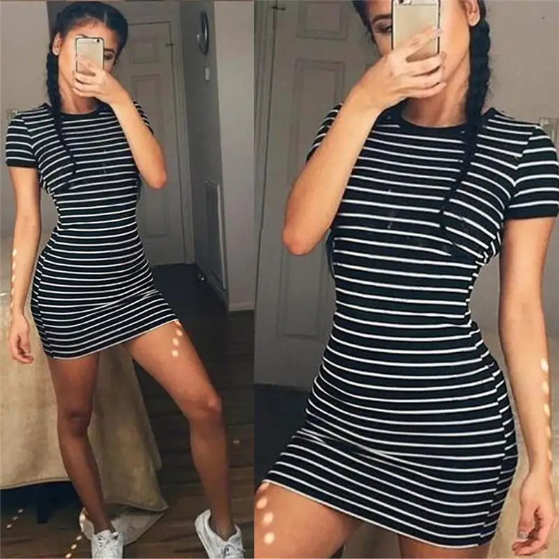 

Casual Elegant Sheath Slim Dress Round Neck long Short sleeved Black And White Striped Dresses Enough Stock Summer autumn Dress, As pictures