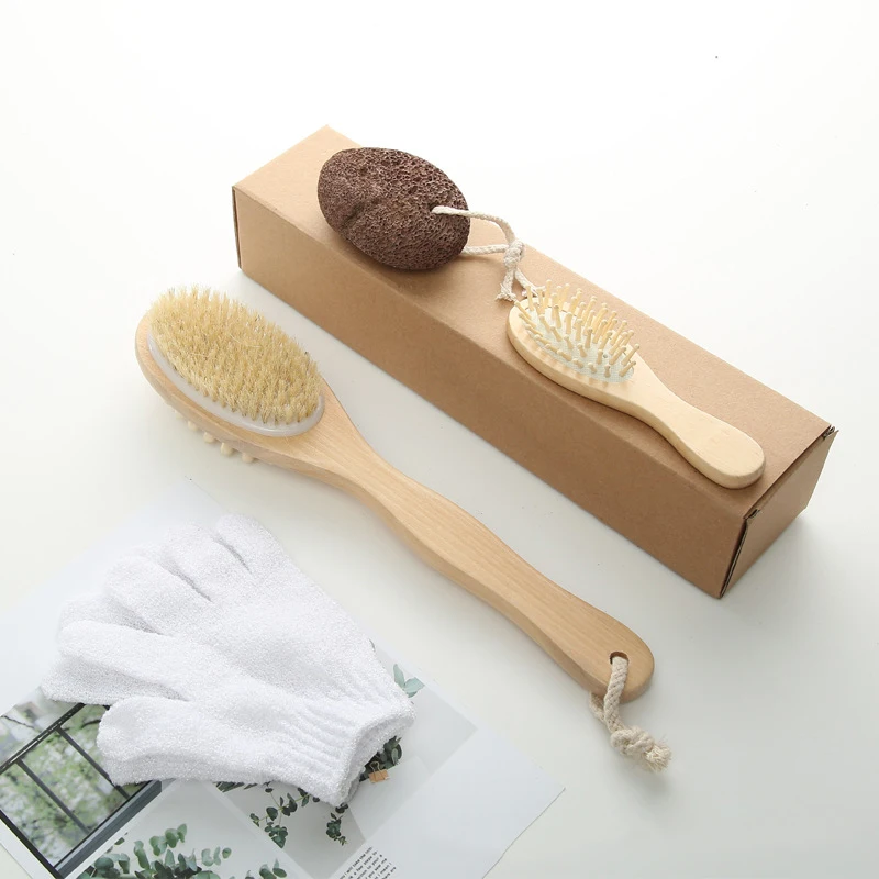 

Factory Price Soap Set Massage Long Handle Natural Wooden Bristle Bath Dry Skin Body Hair Clean Scrubbers Bath Brush Set, Wood color