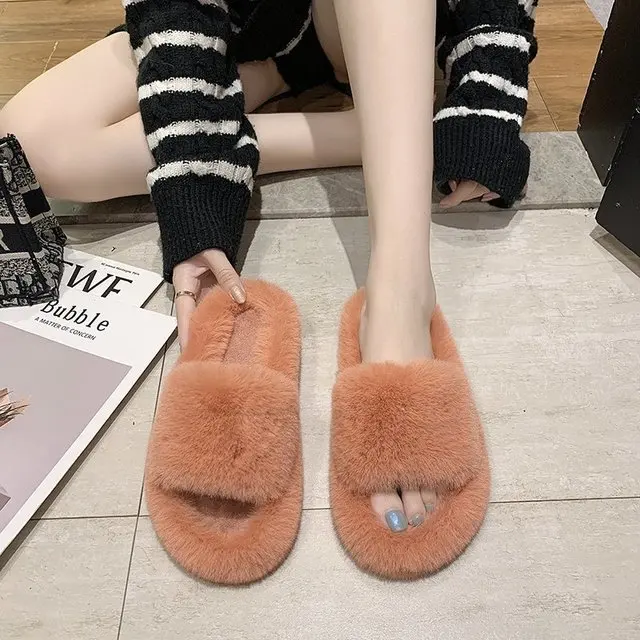 

Original Bedroom Slide Open Rabbit One Strap Size Womens Non-Slip for Women Orange Fur Slippers