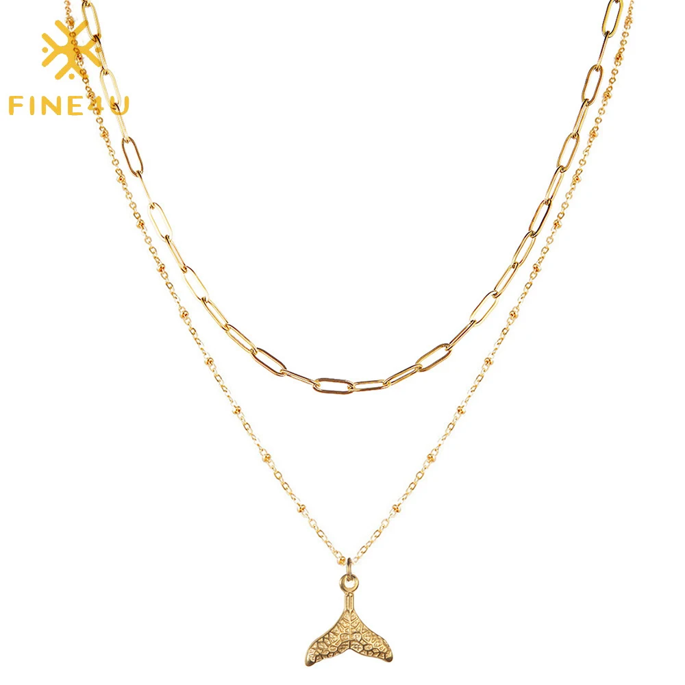 

All match fashion fish tail pendant double layer women necklace chain stainless steel, Gold/steel