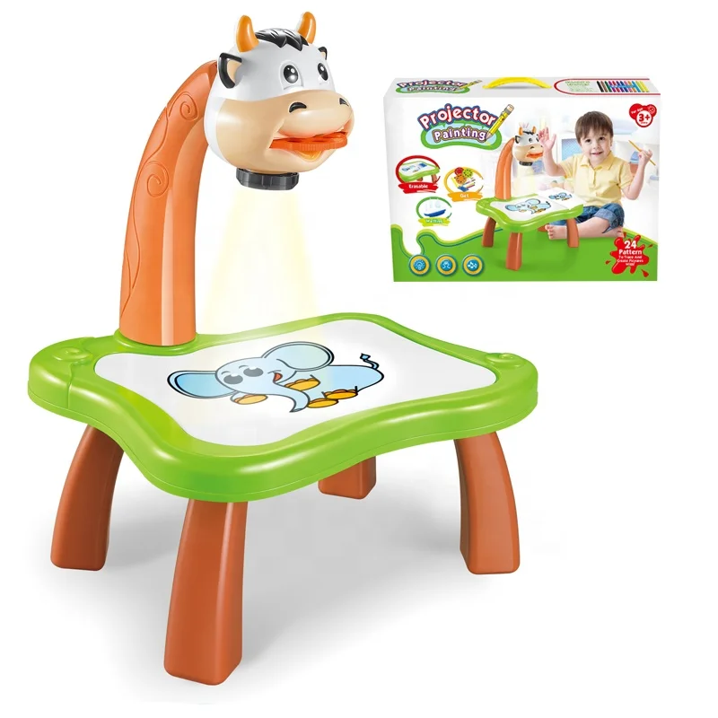 Kids Learning Pad Painting Doodle Projector Drawing Board Set Toy with Cow Cute Animal Design