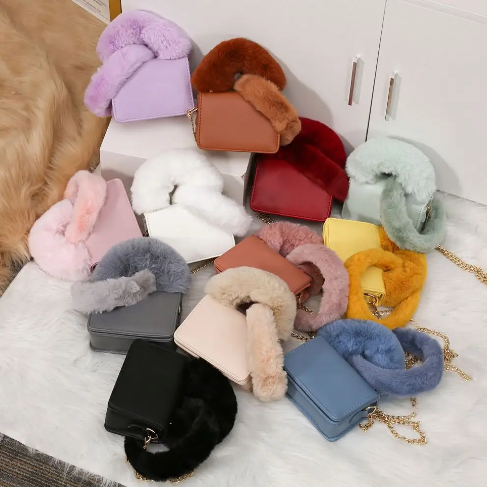 

Fashion Furry Fur Purses and Hair band Set Designer Handbags Famous Brands 2021 Purses and Handbags for Women
