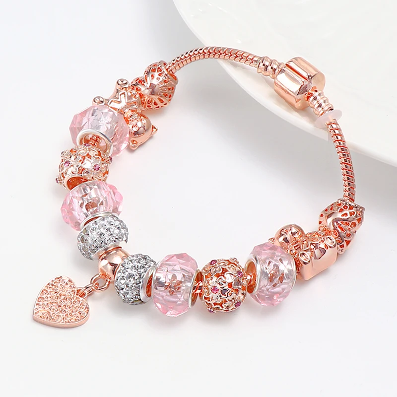 

European Style DIY Crystal Rhinestone Charm Bracelet Women Rose Gold Plating Austria Beads Heart Charm Bracelet for Party