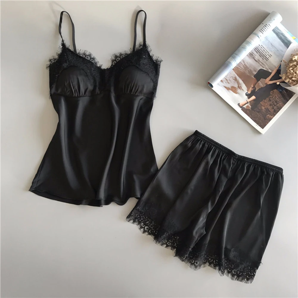 

Summer Sling Pajamas Home Service Simulation Silk Stretch Women Pajamas Sleepwear Set Lace Stitching Pajamas Shorts Set, Customized color