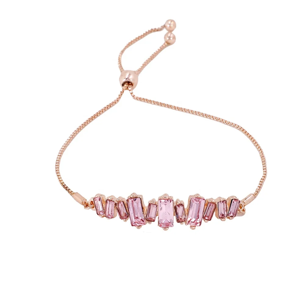 

Hot sale multi pink baguet adjustable box chain diamond bracelet for women