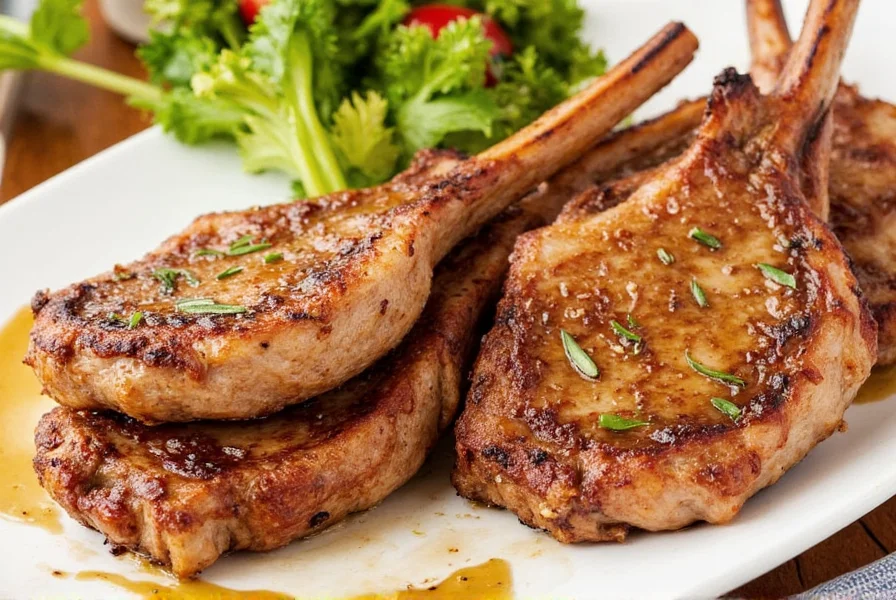 Pork chops with balsamic glaze on a wooden plate