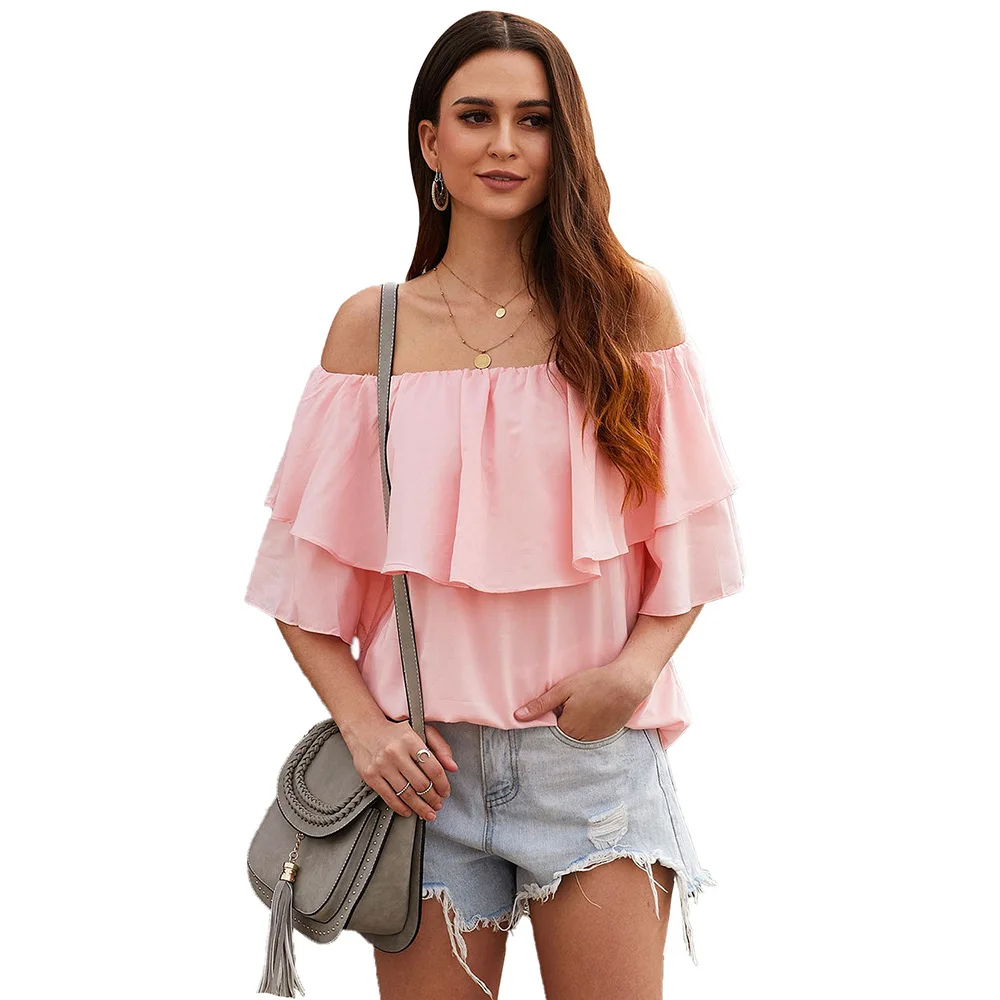

1pc summer solid color women one-word shoulder lotus leaf edge sleeve loose sleeve slack tops Casual chiffon shirt