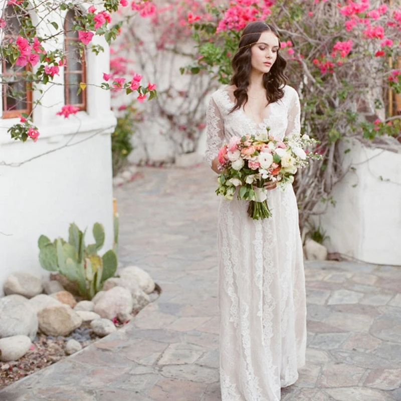 

#695 Bohemian Style Backless V-Neck Half Sleeve Lace Beach Wedding Bride Dress, Nude