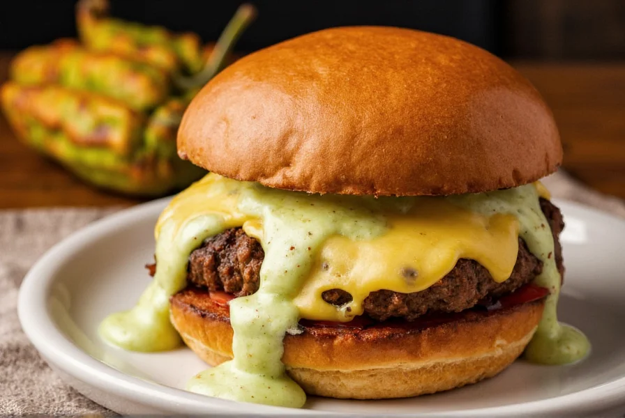 Hatch chile cheeseburger with melted cheese and green chile aioli dripping onto plate with roasted Hatch chiles in background
