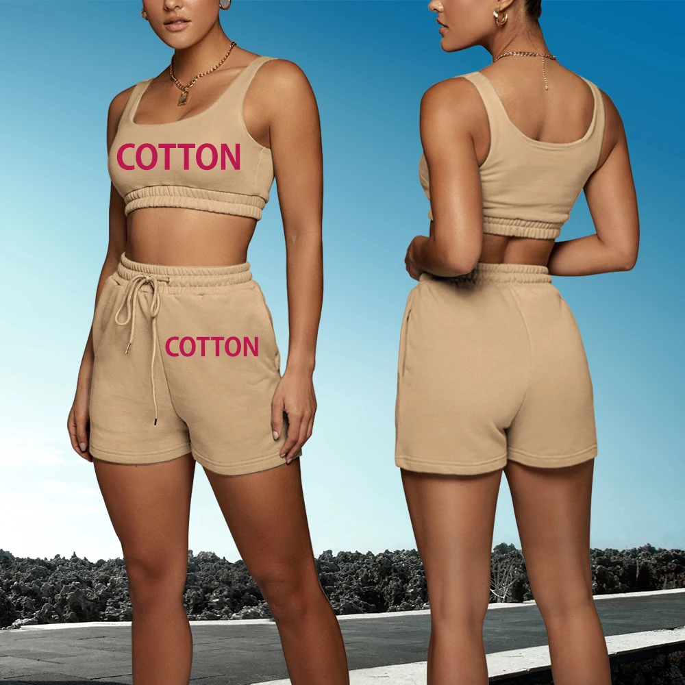 

2021 China Factories custom LOGO MOQ1 Cotton short jogger crop top outfits women two piece pants set with logo customize casual