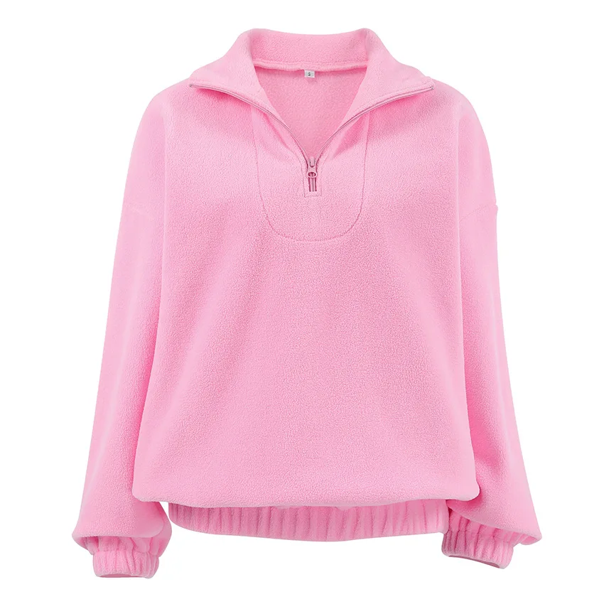 Pink Zipper Pullover Tops Women's Streetwear Long Sleeves Sweatshirts Autumn Winter Fashion Ladies