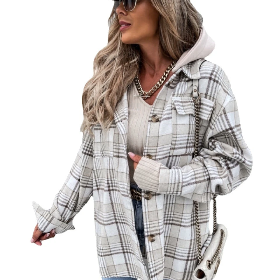 

Autumn Winter Flannel Fleece Plaid Shirt Oversize Plus Women Shacket hood Women Shacket, As picture