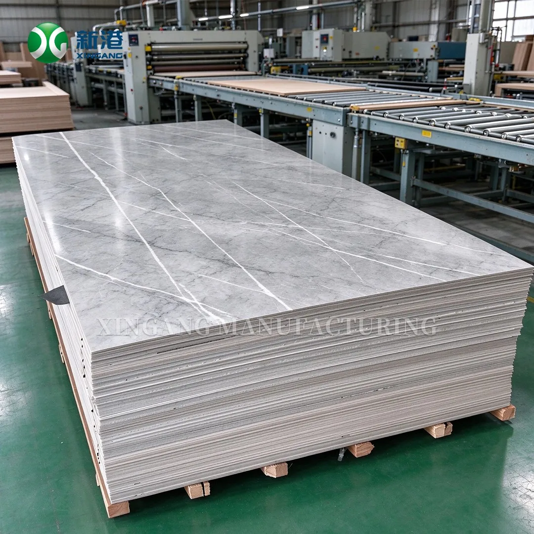 product-1-1 Pallet of grey marble effect HPL laminate sheets in a production hall