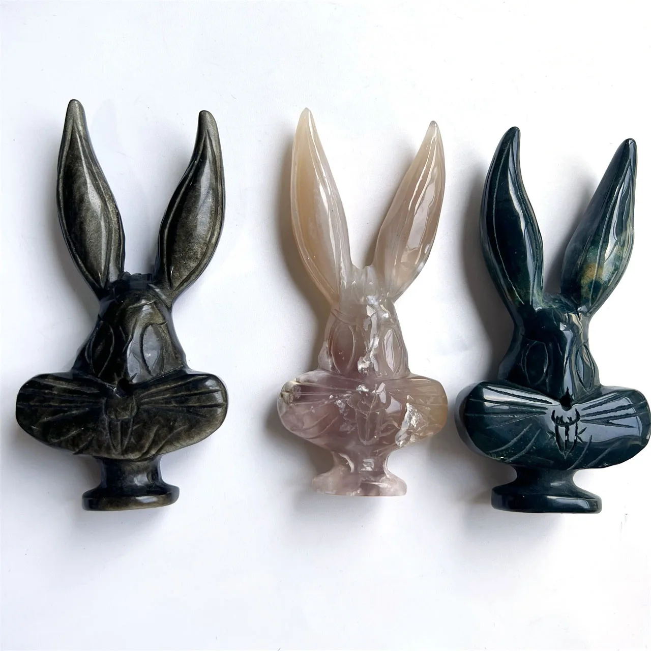 Natural Crystal  Rabbit  White Jade Carving  Han Moss Agate Marble Jade Rabbit Head For Gift