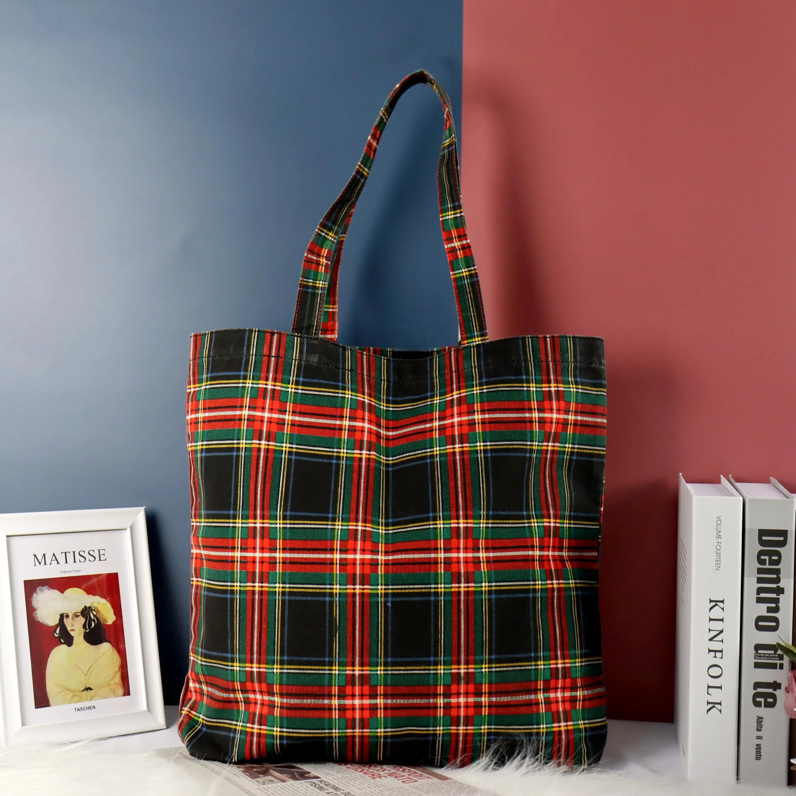

Hot Products Customizable Large Capacity Fashion Color Plaid Canvas Bag Shopping Bags, As picture