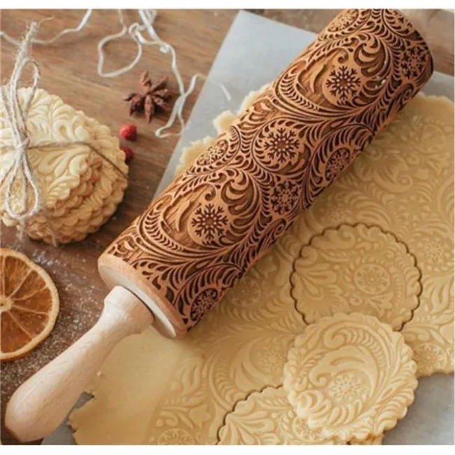 

Embossing Rolling Pin Baking Cookies Fondant Cake Dough Engraved Roller Tools