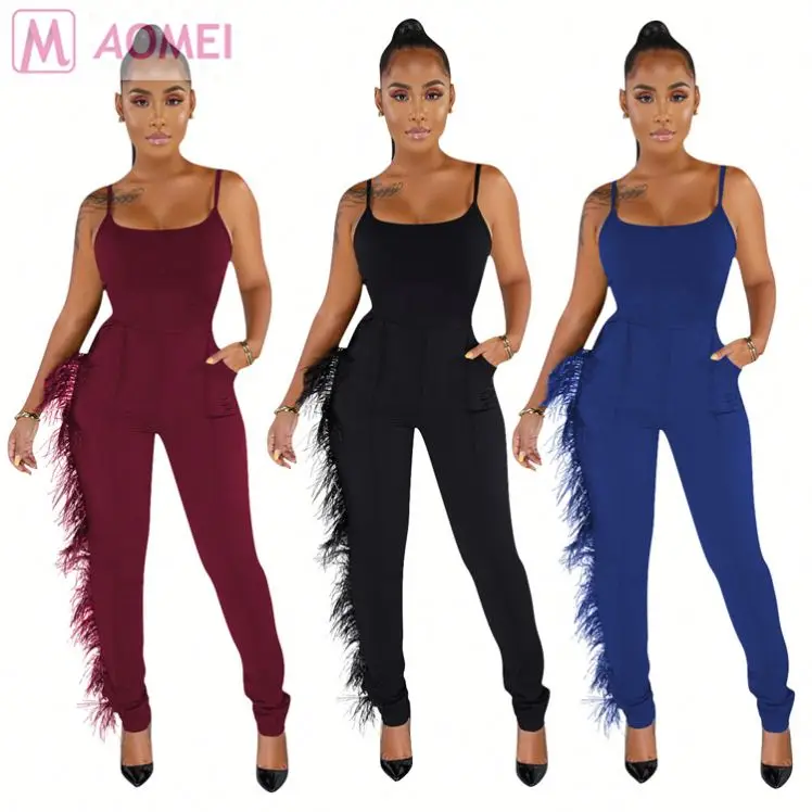 M2203 fashion sexy solid color spaghetti strap tank top feather edge long one piece women ladies jumpsuit jumpsuits women 2020
