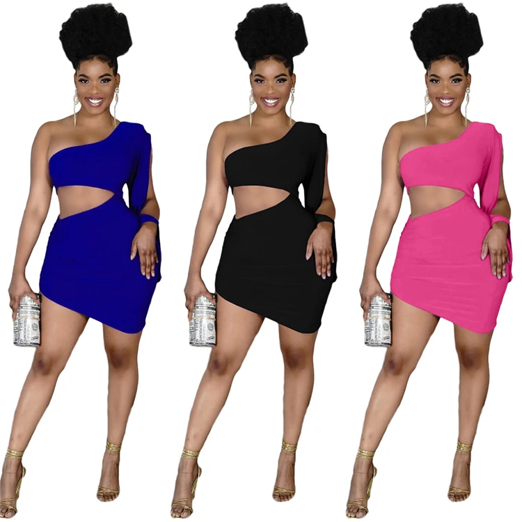 

High Quality Solid Color One Shoulder Skirt High Quality Summer Hollow Out Dress Woman Clothes 2021 Trending D98110