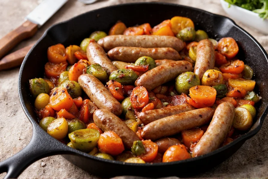 Italian sausage and roasted vegetables with fennel seeds in cast iron skillet
