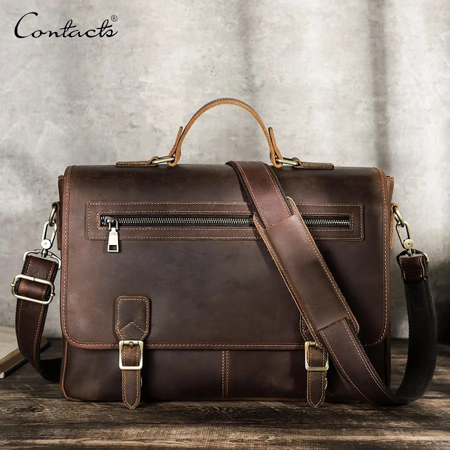 

CONTACT'S Real Leather Men Office Briefcase Detachable Shoulder Strap Flap Over Messenger Bag Vintage 14 inch Laptop Bag