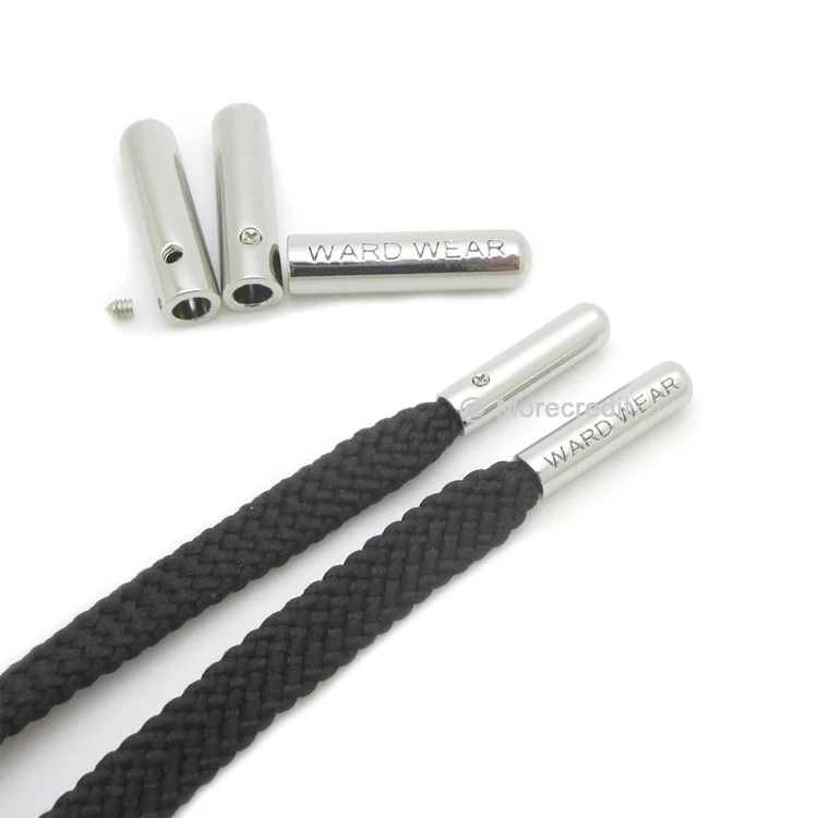 

Custom Engraved Shiny Silver Metal Screw Aglets Directly Factory, Screw On Metal Lock End Head Clips For Shoelace, Hoodie, Pants