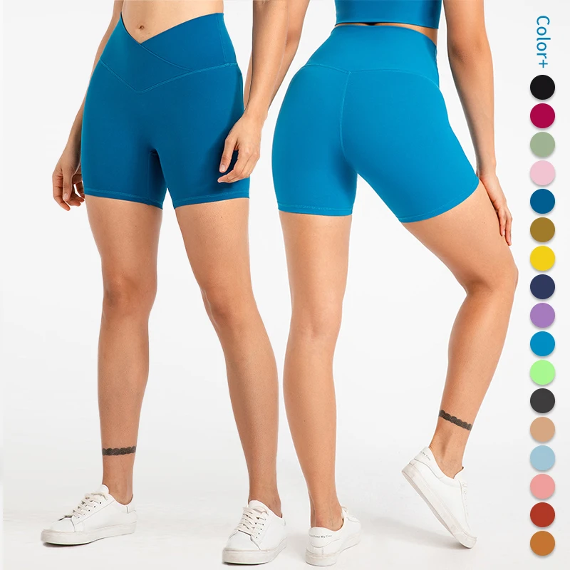 

First quality rear back seam Front cross-wrap waistband design Workout Running yoga biker shorts for women