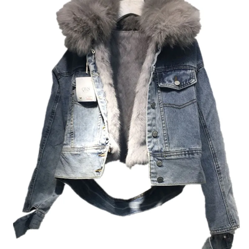 

New Winter Jacket Women Korean Style Detachable Rabbit Fur Liner Denim Jacket Real Fur Collar Cropped Coats Shorts Jean Jacket