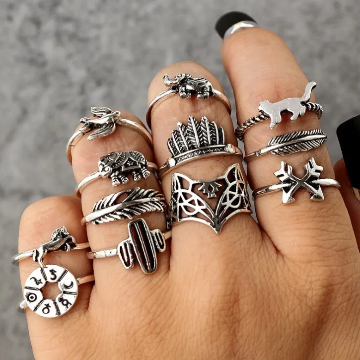

Bohemian Geometric Rings Sets Retro alloy set leaves fox elephant ring 12 sets, Gold