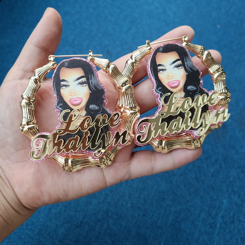 

Dropshipping customize Name Earrings Bamboo Style Custom photo Hoop Earrings With Statement Words Numbers, Picture
