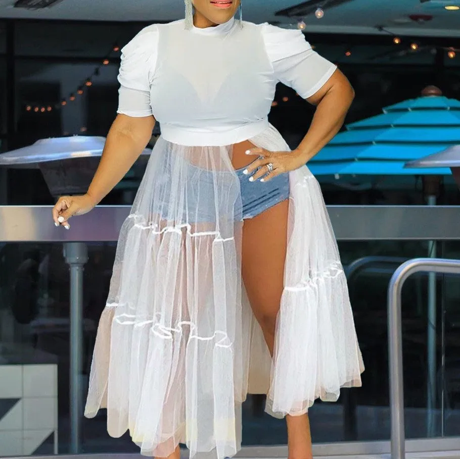 

2021 Plus Size Summer Short Sleeve Sexy See Through Sheer Mesh Cover Up Casual Pleated Long White Dresses Maxi Ruched Dress
