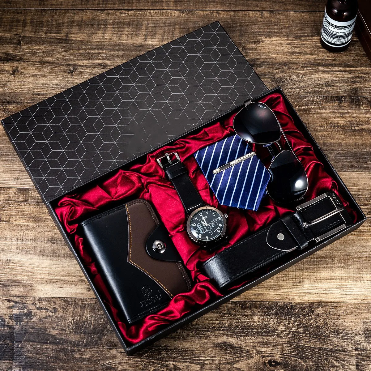 

Hot selling fashion luxury exquisite packaged gift 6pcs set leather strap belt tie wallet men watches