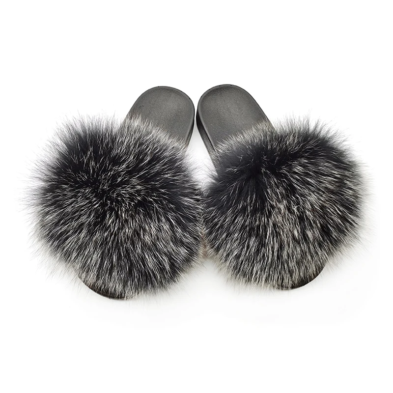 

fluffy fox fur slipper women indoor outdoor, Show as pictures