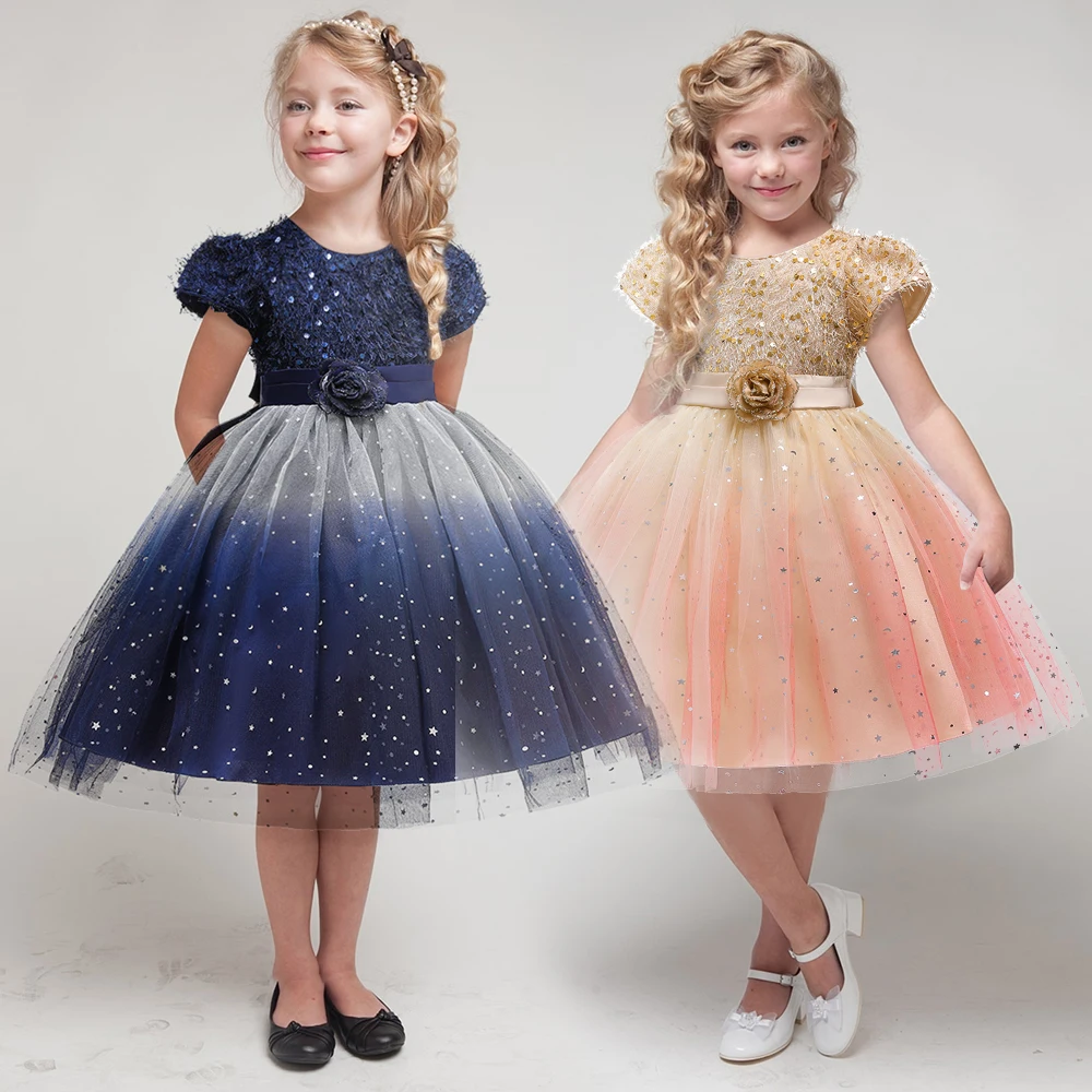 

New Fashion Kids Sequins Flower Frock Girls Short Sleeve Party Dress For Wedding L5161