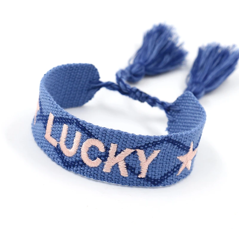 

Unisex Personality LUCKY Color Tassel Friendship Bracelet Embroidery LOGO Webbing Wristbands Concert Jewelry, As picture