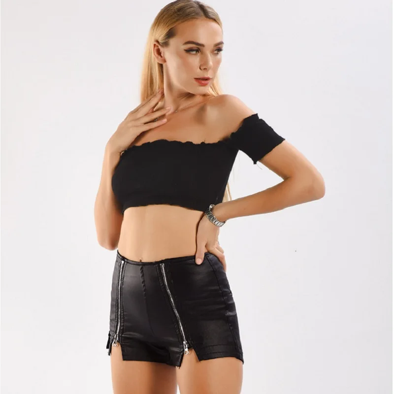 

2021 new arrivals High waist stretch stitching multi-zip faux leather female shorts sexy black PU leather shorts