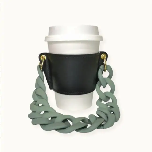 

2022 New PU Leather Tea Cup holder Sleeve ,Acrylic Chain Strap Coffee Cup carrier, Outdoor Glass Water Cup lanyard, Customized color