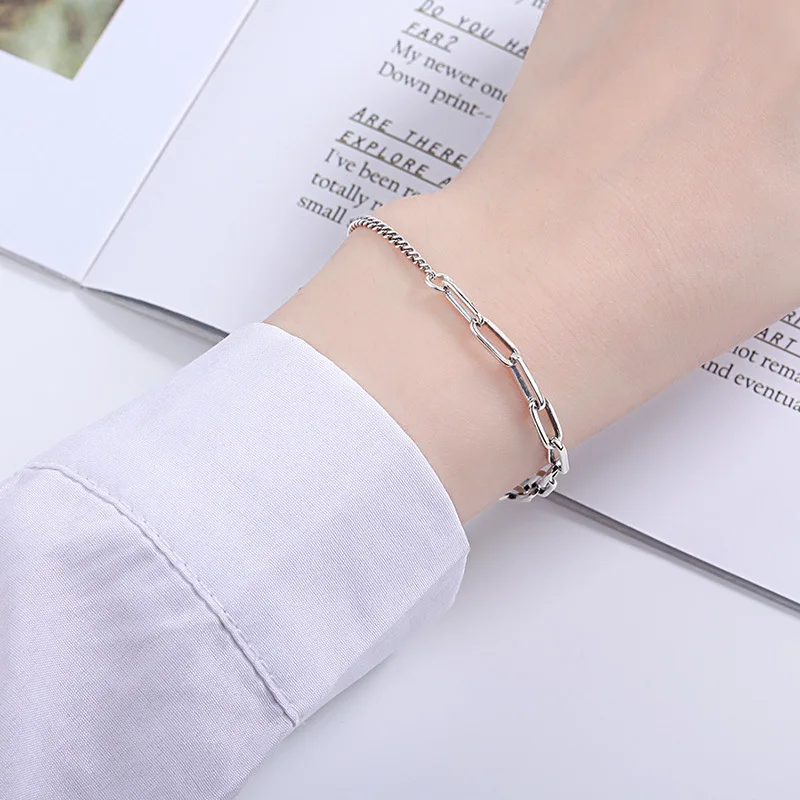 

HONGTONG Brand Bangles S925 Silver OT Buckle Chain Asymmetric Retro Woven Hip Hop Rap Bracelet Girls Bracelets Handmade Pulsera