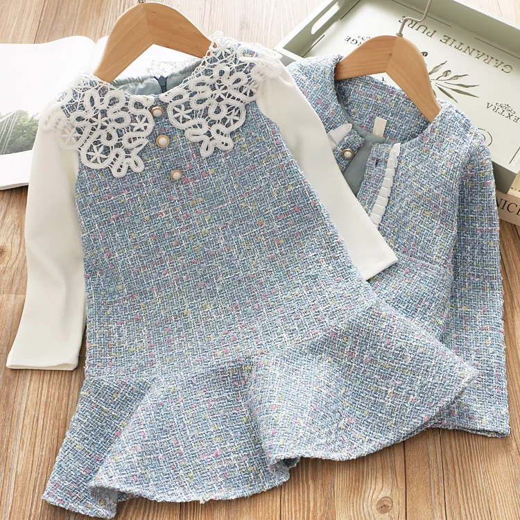 

New Designs Autumn Boutique Long Sleeve baby Girl Dress sets elegant clothes clothing, Light-blue, pink