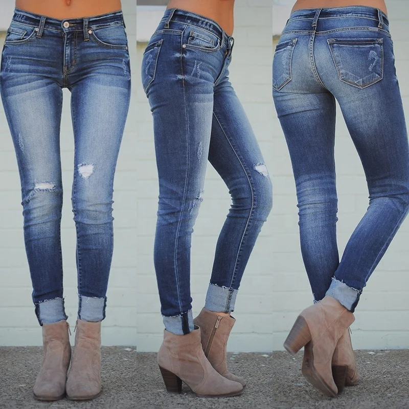 

Fashion new style high quality slim ripped dark blue jeans for women jeans